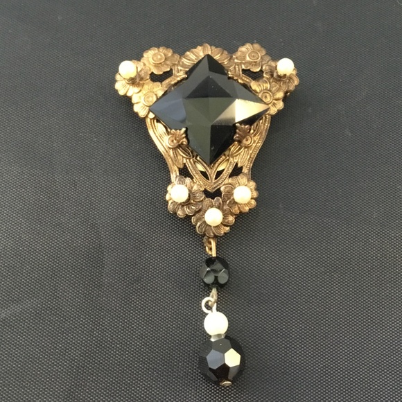 Vintage Pin Brooch Jet Pearls Gold Tone 3" long - Picture 3 of 7